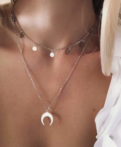 Collier cadeau femme- corne lune pampille argent