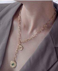 Collier grosse maille medaille pierre verte