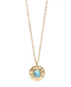 Collier medaille martelee pierre turquois