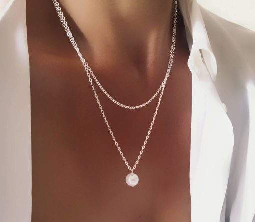 Collier multirang pendentif perle argent