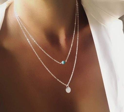 Collier tendance pierre turquoise argent