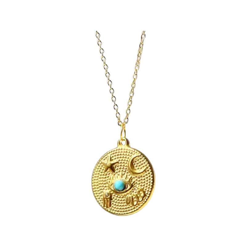 collier medaille avec pierre turquoise Pendentif ouro avec motif céleste et pierre turquoise, élégant et tendance, idéal pour accessoires de mode féminine. Collier fin et raffiné, parfait pour compléter un look chic ou décontracté.