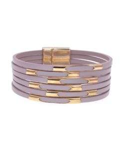 Bracelet multi-tour cuir violet plaque or