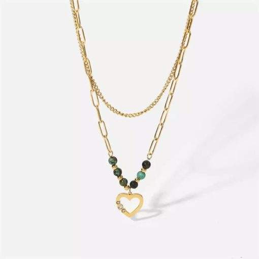 collier double rang coeur et pierres