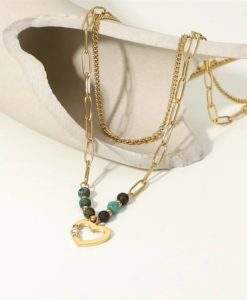 collier double rang coeur et pierres