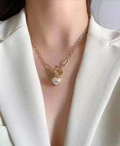 collier grosse maille coeur perle femme