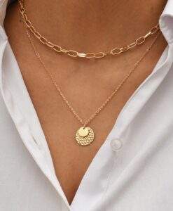 collier grosse maille double medaille dore