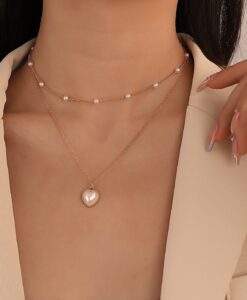 collier double rang chaine perles coeur