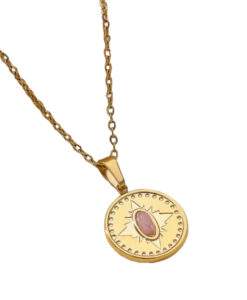 Collier medaille pierre rose acier inoxydable