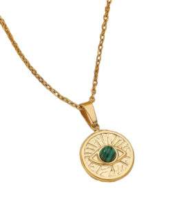 Collier medaille pierre verte acier inoxydable